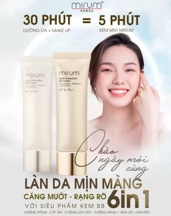 Kem BB 6in1 Mirum làm trắng da, chống lão hoá, dưỡng ẩm, chống tia UV, Lót và nền Mirum Multi Protection BB cream SPF30/PA++